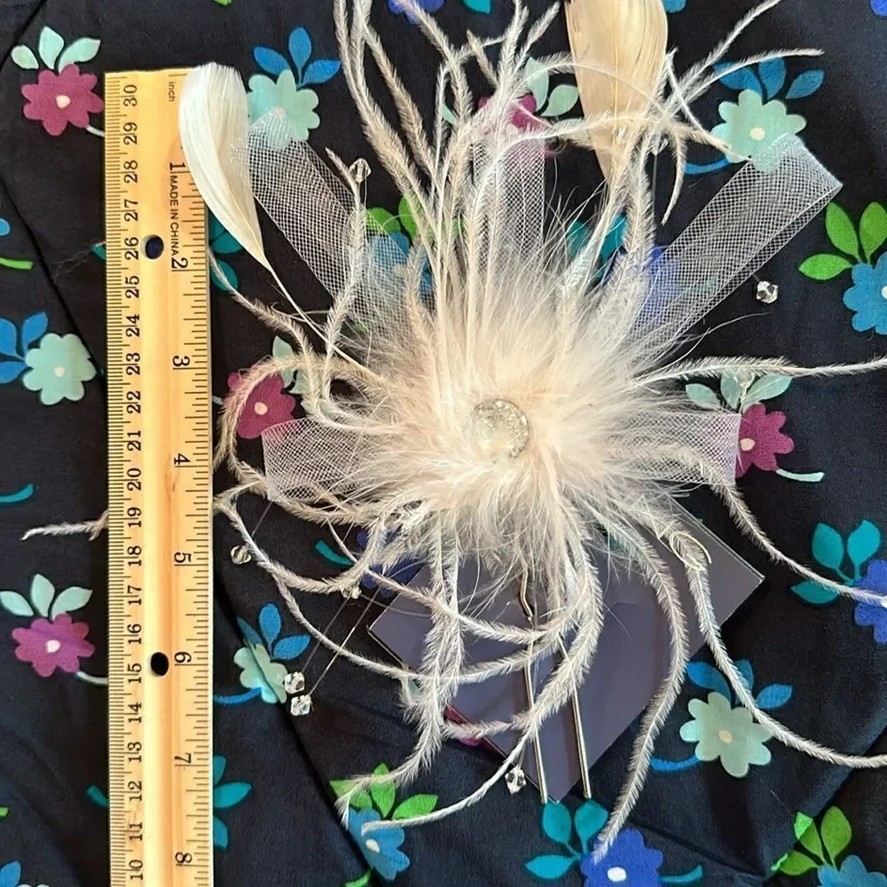 Hair Accessory Pin Fancy Maribou Feathers Jewel White